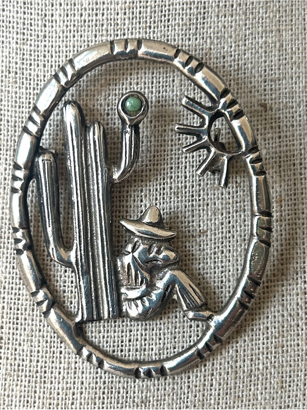 Vintage Taxco Sterling Silver Large Brooch Mexican Man Resting Cactus Sombrero